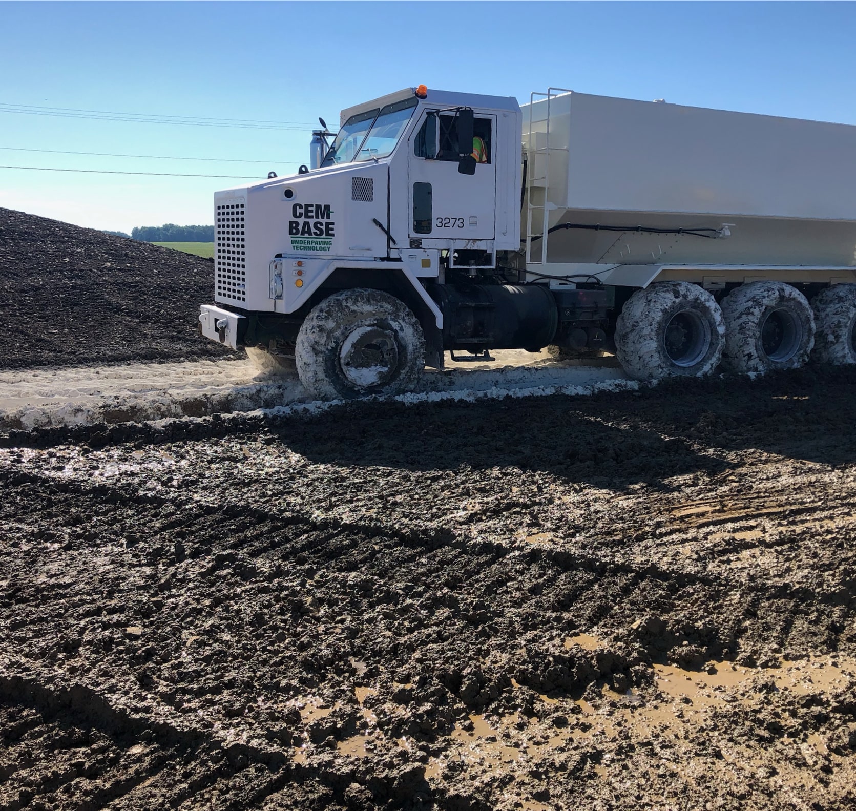 Cem-Base truck at a soil stabilization jobsite
